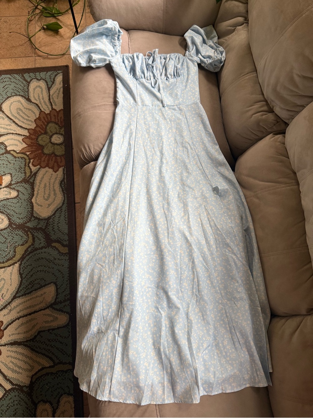 Amazon Light Blue Floral Puff-Sleeve Maxi Dress